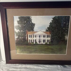 Framed House Painting with Brown Frame 17 1/2 X 21 inches